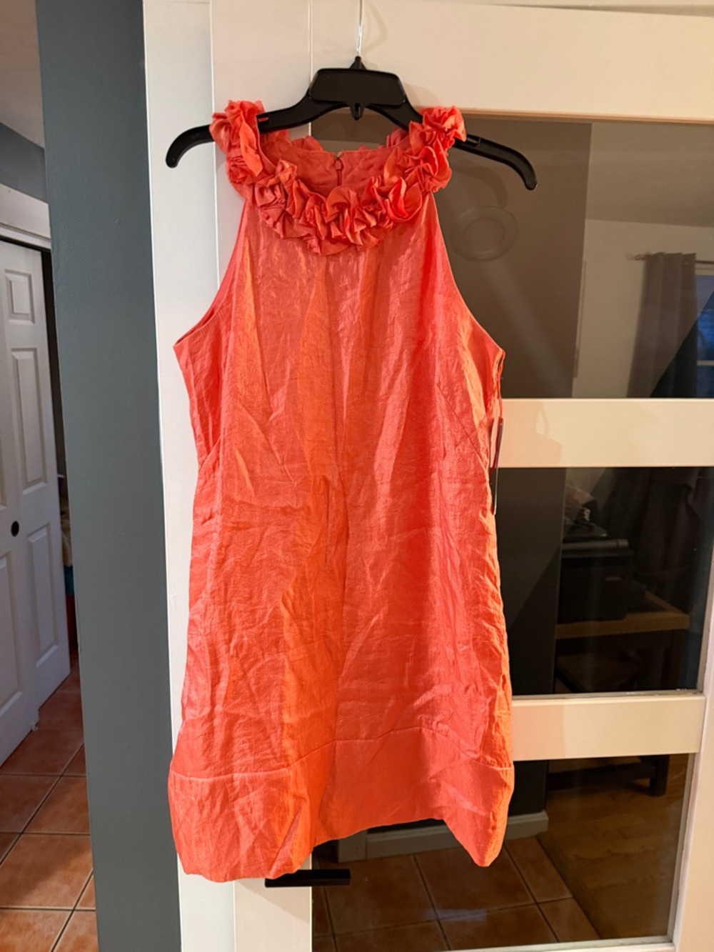 London Times Coral Ruffle-Neck Shift Dress